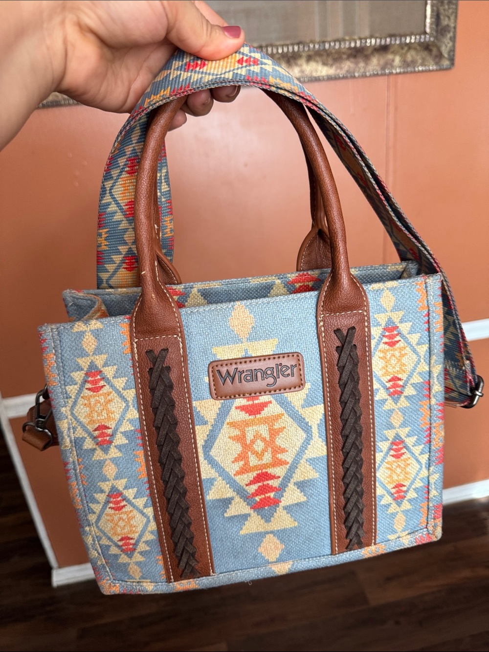 Wrangler Light Blue and Tan Southwestern Canvas Tote with Brown Trim